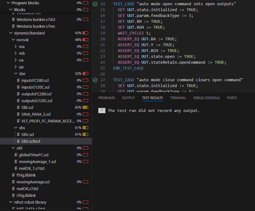 Explorer with coverage percentages next to an .scltest file