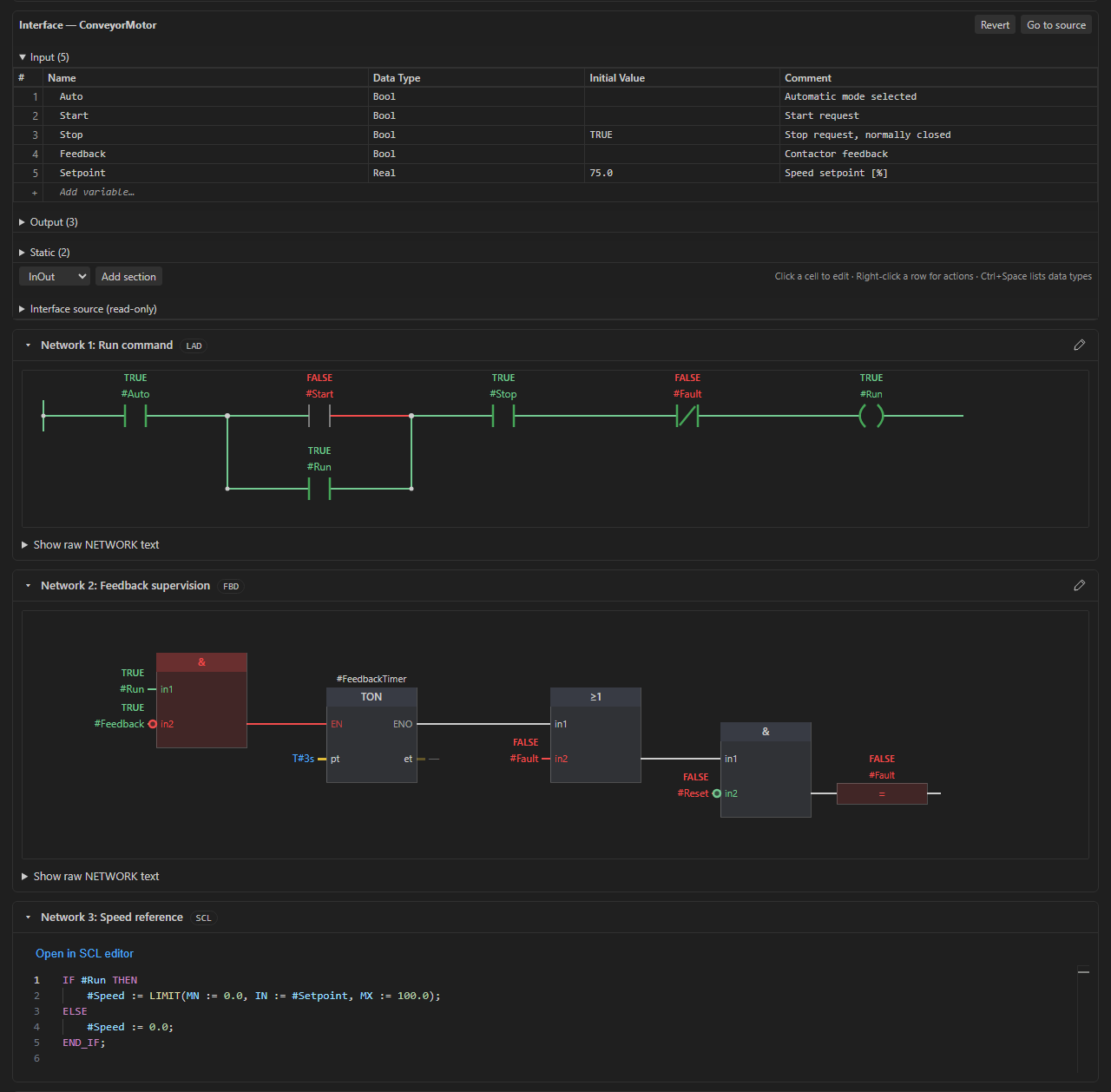 Graphical editor showing a block interface, a LAD network, an FBD network and an SCL network
