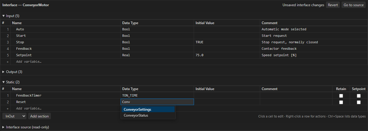 Interface table with data type suggestions