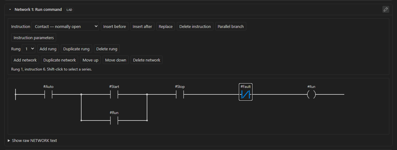 LAD network in edit mode with a normally closed contact selected