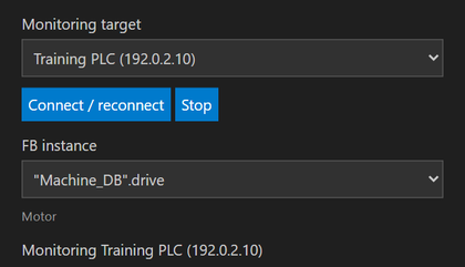 PLC Monitoring view with a Siemens PLC target and an FB instance selected