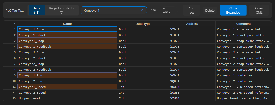 PLC tag table editor with search matches highlighted
