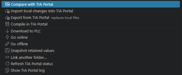 TIA Portal action menu from the status bar